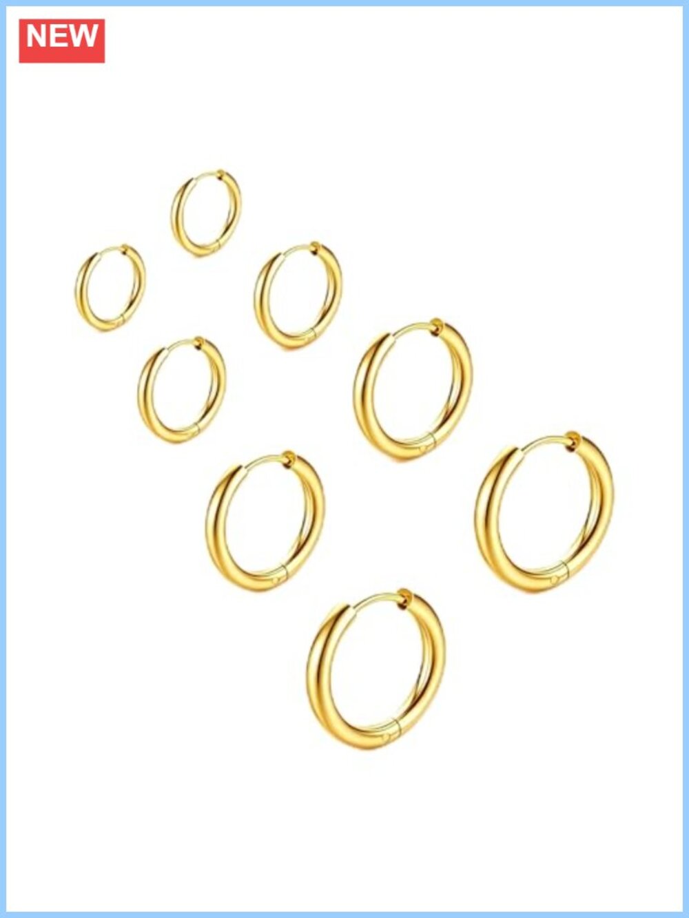 4 Pair 14K Gold Plated Stainless Steel Huggie Hoop Earring Set 6-12mm